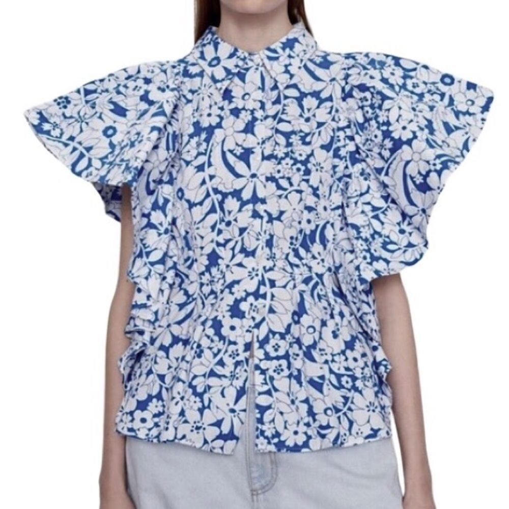 Zara Blue and White Floral Blouse